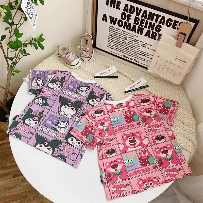 ByKiddos - Atasan Kaos Anak Perempuan Gaya Kasual Longgar Lengan Pendek Bermotif Lotso Dan Kuromi Fashion Lucu 0