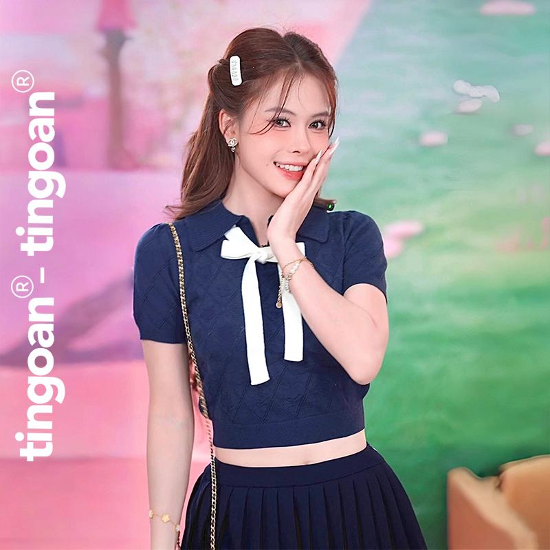 TINGOAN - Áo len xanh than crop bề mặt len hoạ tiết quả trám buộc nơ YURI YURI TOP/DB