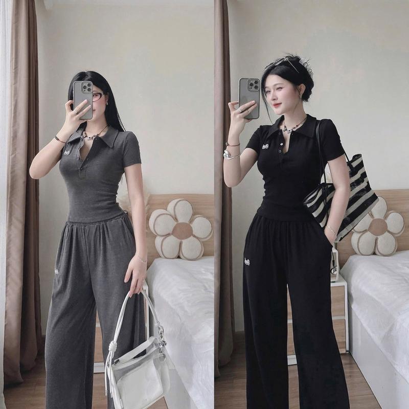 [Xa Kho] Set Bộ Áo Cộ Tay Cổ Sơ Mi Cài Nút Kết Hợp Quần Xuông Dáng Dài Thướt Tha Màu Xám Đen