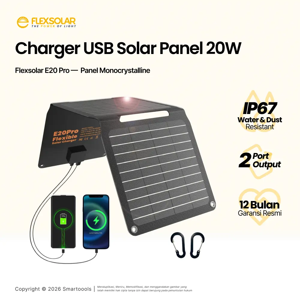 Solar Panel Lipat Flexsolar E20 Pro 20W Foldable USB Charger Monocrystalline Waterproof IP67