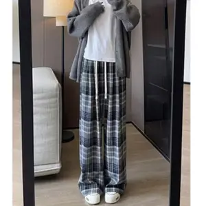 Celana Panjang Wanita Motif Kotak - kotak Casual Tartan Plaid Long Pants