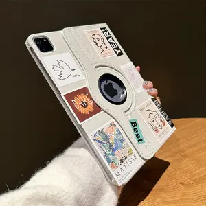 CrashStar 360° Rotatable Stand Flip Leather Tablet Case With Free Fashion Sticker For Apple iPad Mini 4 5 6 7 Air 2 3 4 5 6 7 iPad 7 8 9 10 11 Gen 2025 iPad Pro 11 inch 12.9 inch 2024 2022 iPad 7.9 8.3 9.7 10.2 10.5 10.9 13 inch iPad Cover Pad Casing