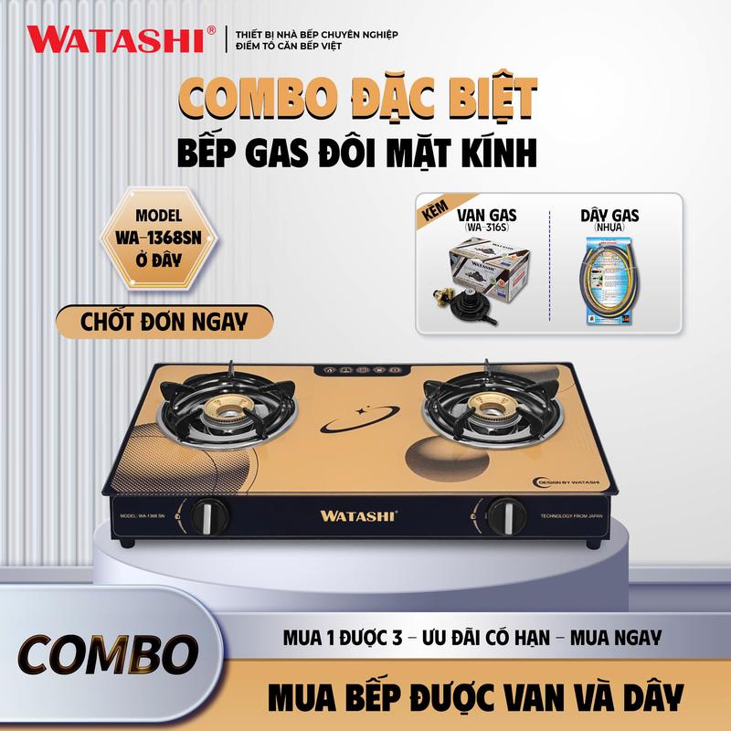 [MUA 1 ĐƯỢC 3] BẾP GAS ĐÔI WATASHI WA - 1368SN ĐẦU ĐỐT BẰNG ĐỒNG + COMBO DÂY VAN