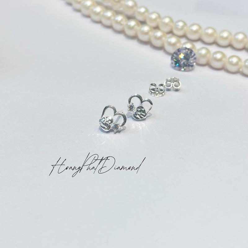 Hoàng Phát Phụ Kiện Bông Tai Bạc Ý 925 Viền Trái Tim Chạm Máy Lồng Trái Tim Một Hột Chạm Sáng Chui Đẩy B086 KHÔNG XI KIM