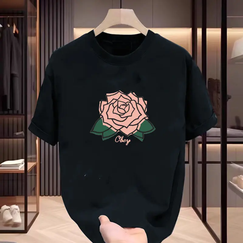 230g niche design hand drawn graffiti flower T-shirt oldschool round neck pullover short sleeved spring and summer unisex