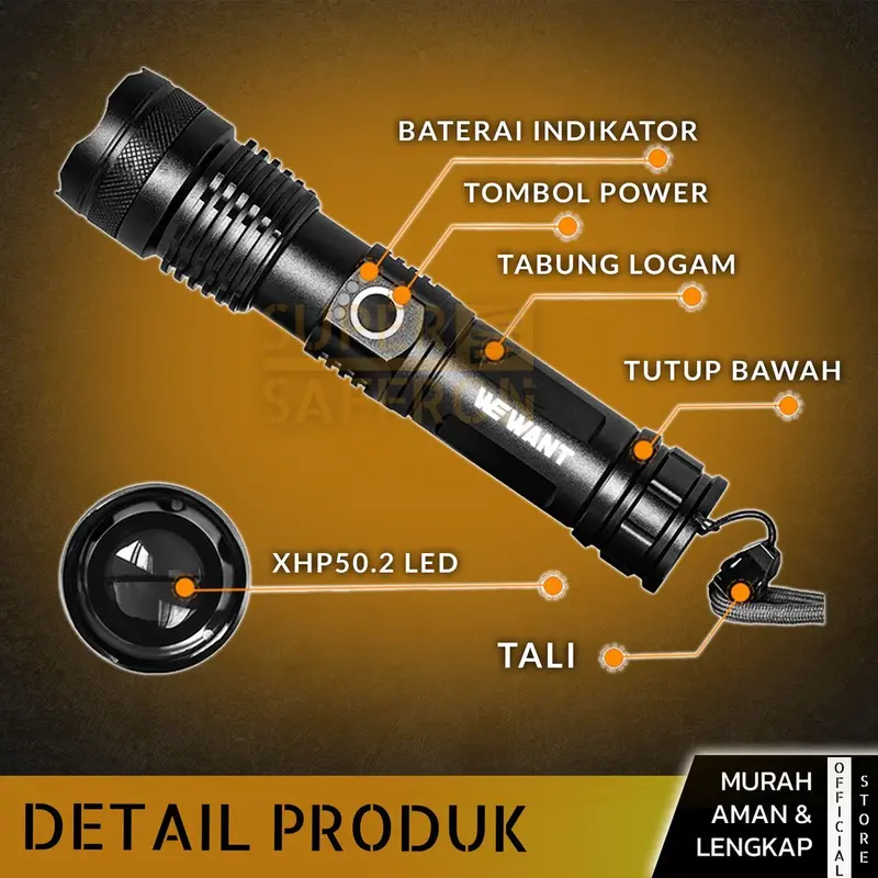WEWANT Senter P50 LED Super Terang 300 Lumens Lampu Cas Flashlight Zoom Swat Police Rechargeable Baterai 7