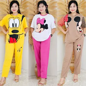 Setelan Wanita Jumbo Celana Panjang Lengan Pendek Korean Style Katun Kombed 30s Setcel Kekinian Oversize Baju Katun Combed Lembut Nyaman Santai Dewasa Remaja Cewek Kaos Atasan
