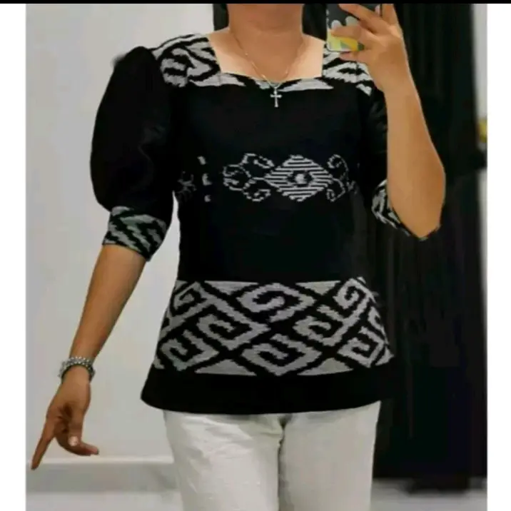 Blus Wanita Kombinasi Lengan Toyobo - Baju Moderen Kalea - Panjang, Tenun 0