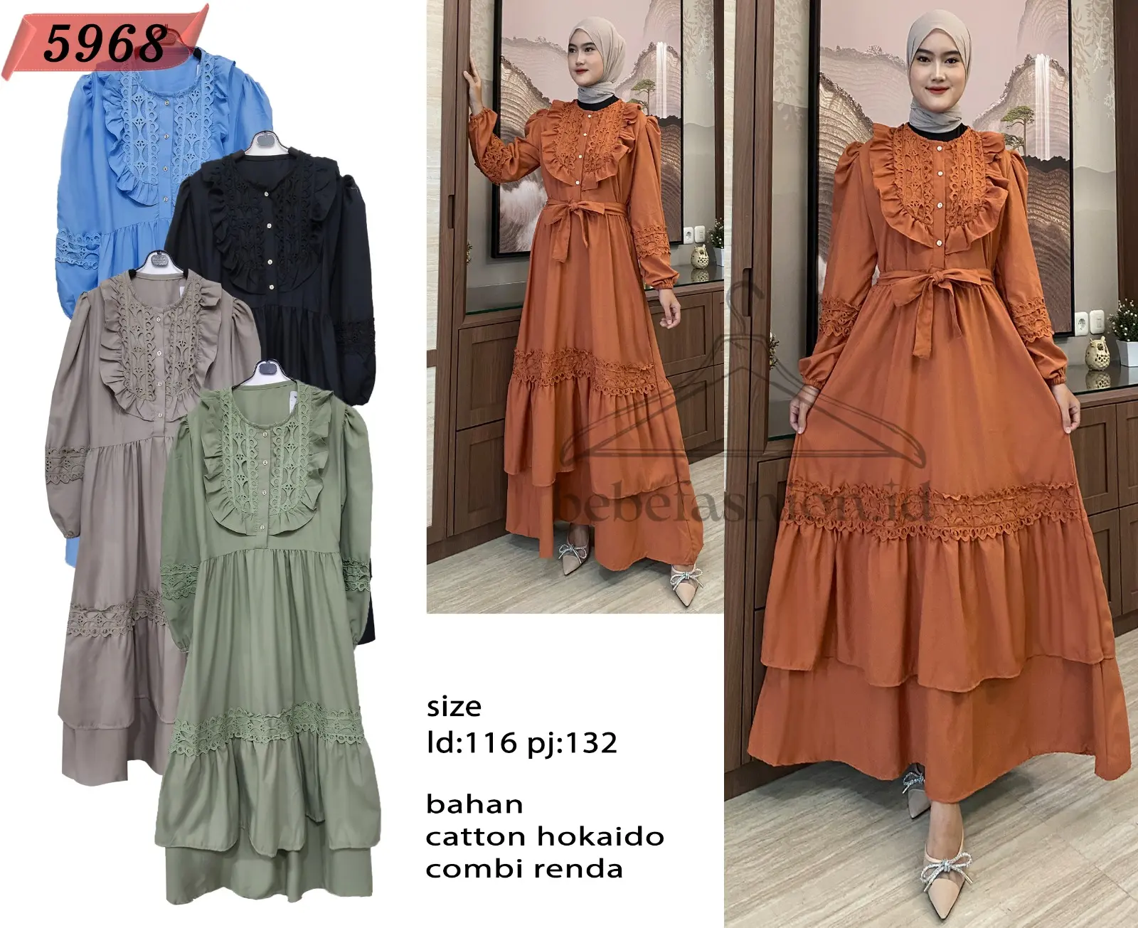 5968 BEBEFASHIONID Long Dress Wanita Busui LD 116cm Renda Basic Modern Lengan Panjang Nooz Premium