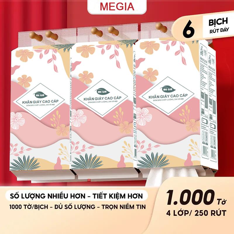 MEGIA 6 Bịch 1000tờ MEGIA Thùng 6 Bịch Khăn Giấy Rút Đáy Tiểu Hạ MEGIA 4 Lớp Mềm Mịn Thà nh Phần Bột Gỗ Tự Nhiên Thân Thiện An Toàn Khăn Giấy Vệ Sinh 1000 tờ 4 lớp Tặng 2 móc treo tiện lợi Giấy Vệ Sinh giấy rút