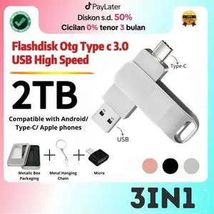 [3in1] 2TB - 1TB High Speed 32GB 128GB 256GB 512GB Anti Air untuk Penyimpanan Komputer OTG Warna Hitam Pink Silver  Dapat digunakan di Android dan iPhone