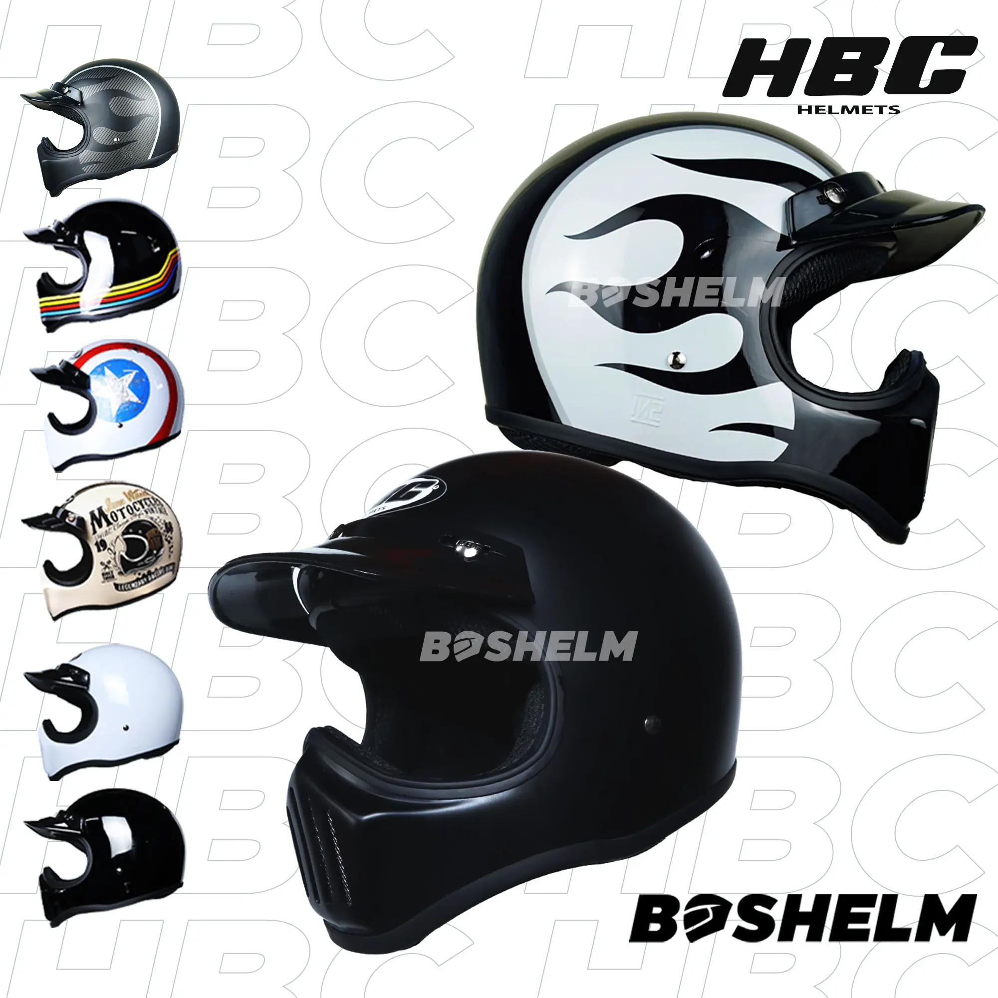 Helm Cakil HBC PET HITAM Helm Retro Full Face SNI