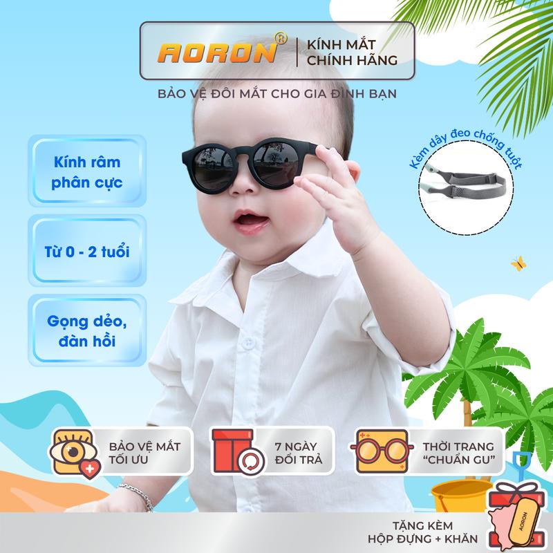 Kính Râm Trẻ Em Aoron, Mắt Kính Cho Bé Trai/ Bé Gái 0 - 2 Tuổi Phân Cực Chống Tia UV400 Gọng Silicone Dẻo Cao Cấp Thời Trang Đi Biển, Đi Đường, Phối Đồ Đi Chơi Tặng Kèm Dây Đeo Chống Tuột - AK139
