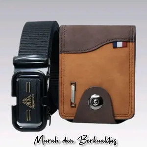 Ikat Pinggang Pria Gesper Nyllon Canvas Tebal dan Dompet Kancing Kombinasi Warna Belt Black