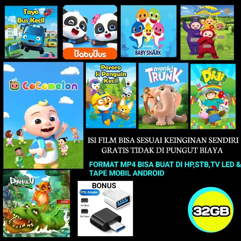 Terbaru 2025 FLasdisk Isi Video Kartun Dan Video Edukasi Anak Anak FULL 32 GB LENGKAP ( BONUS OTG + HOLDER )