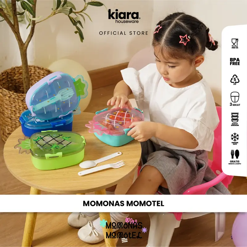 Kiara Lunch Box Momotel & Momonas Kotak Makan Kotak Bekal Anak Sekolah Karakter Lucu Gratis Sendok Garpu 100% BPA Free dan Food Grade Plastik Nanas 0