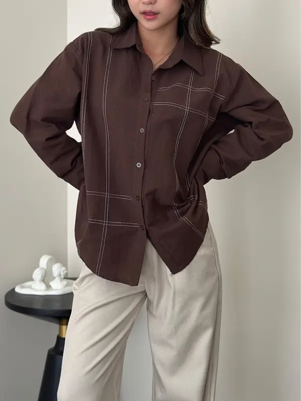 ASOKA Twila Shirt 2289 - Contrast Stitching Oversize Blouse Long Sleeve - Atasan Wanita Kemeja Kasual Linen Baju Panjang 0