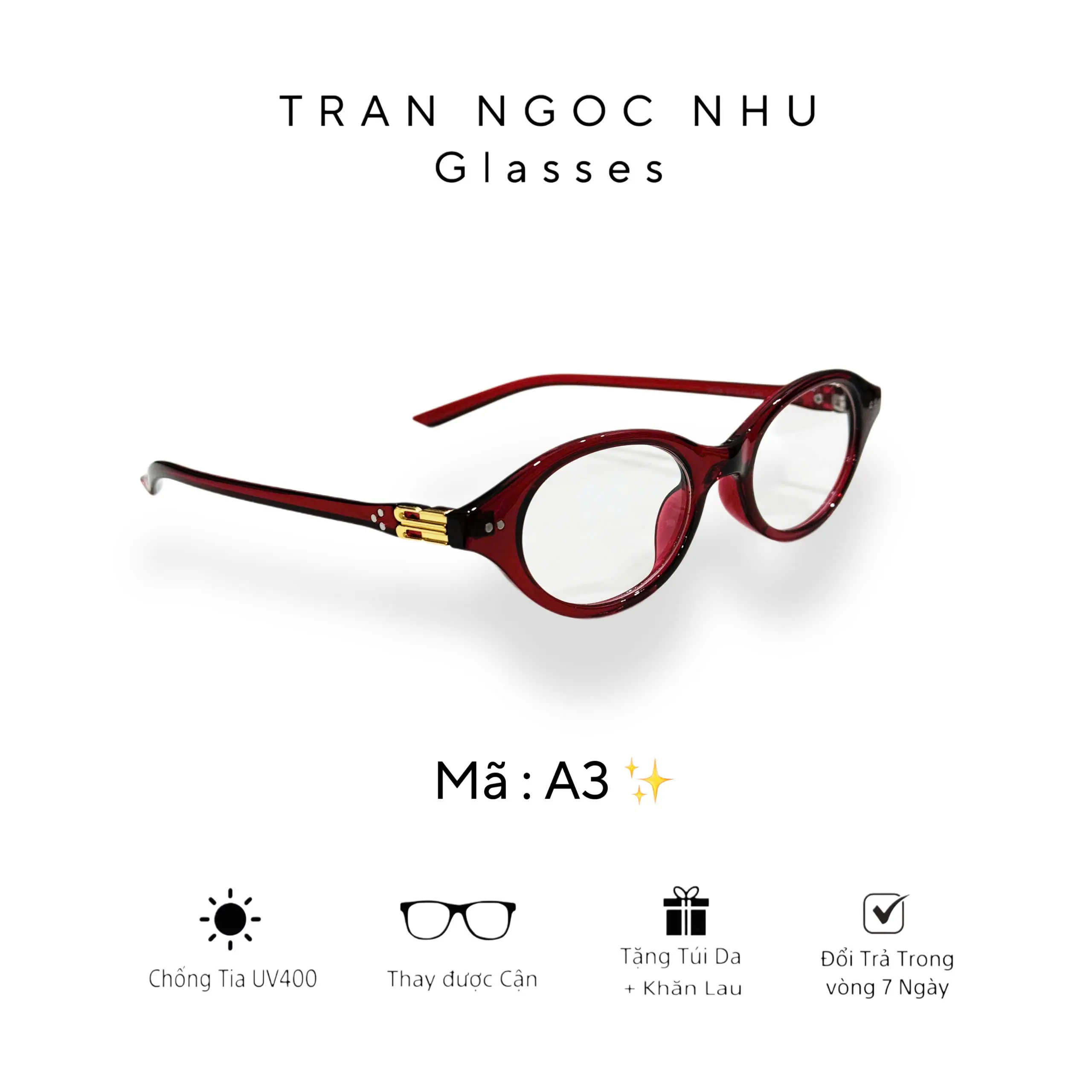 MÃ A3 Mắt kính thời trang dành cho nam nữ có thể thay cận
