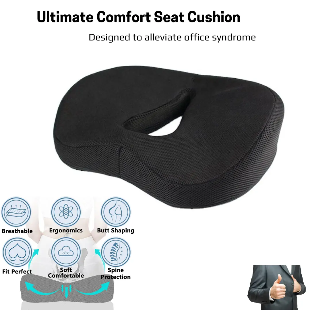 J C Health Memory Foam Seat Cushion for Back Pain Relief and Comfort - Black Firm