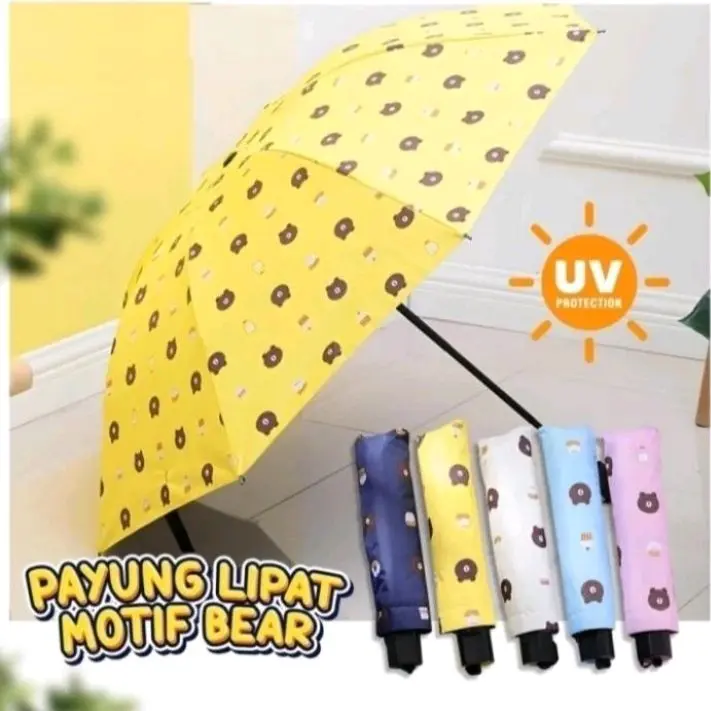 Payung Lipat manual motif Bear Payung anti UV Folding Umbrella Karakter Beruang Payung tabir surya Hujan atau panas free pouch-navy
