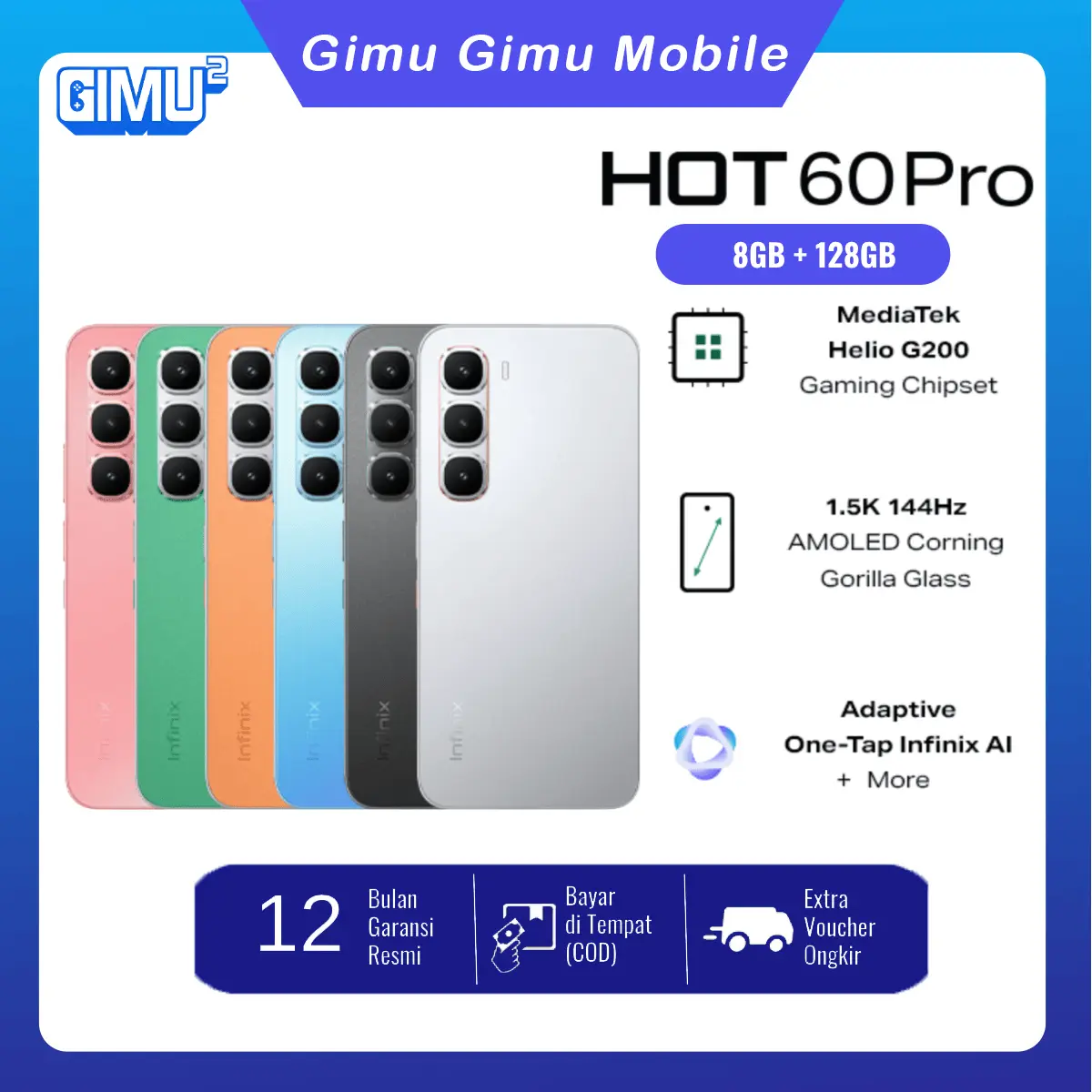 Infinix Hot 60 Pro 8/128GB - Helio G200 - 6.78" 144Hz AMOLED - 50MP Kamera - Baterai 5160mAh - NFC - Desain Ringan - Garansi 12 Bulan