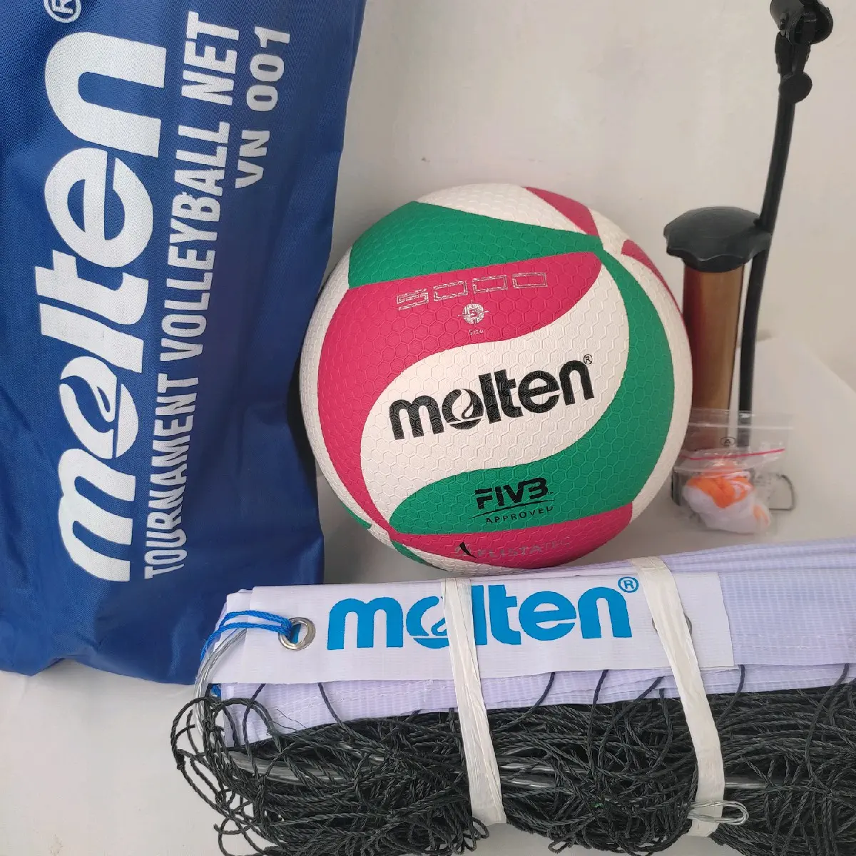 Paket Bundling 1 Set Bola Volly Molten/Net Volly+Pompa+Pentil+Jaring Bola voli kualitas  Tu Ball Turnamen