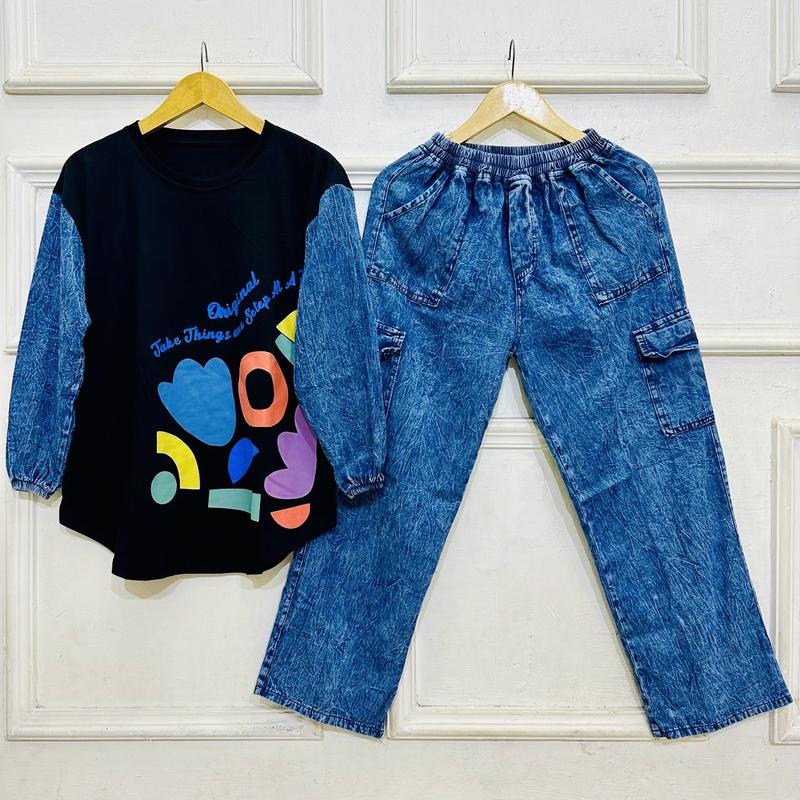 Product Introduction of Anzaini Baju Setelan Jeans Wanita Jumbo Dewasa Atasan Kaos Combed 24s, Bawahan Celana Jeans Kulot Cargo Panjang Motif Sablon Adem dan Nyaman 12