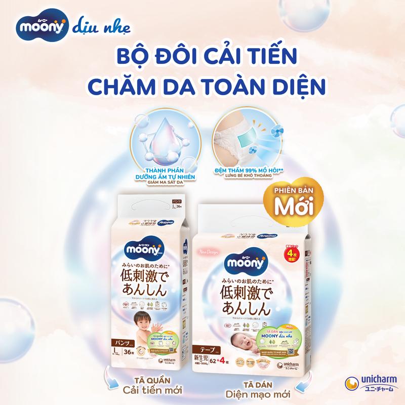   TẶNG KHĂN ƯỚT COMBO 02 BỊCH Tã bỉm dán quần Moony natural dịu nhé size NB62 S58 M46 L36 XL32 Cho Bé 
