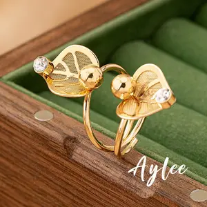 【Aylee】Berlian Glitter Metalik Wanita Meninggalkan Cincin Jari Telunjuk Bola Bulat Berlapis Ganda Cincin Jari Emas Terbuka yang Dapat Disesuaikan Y526