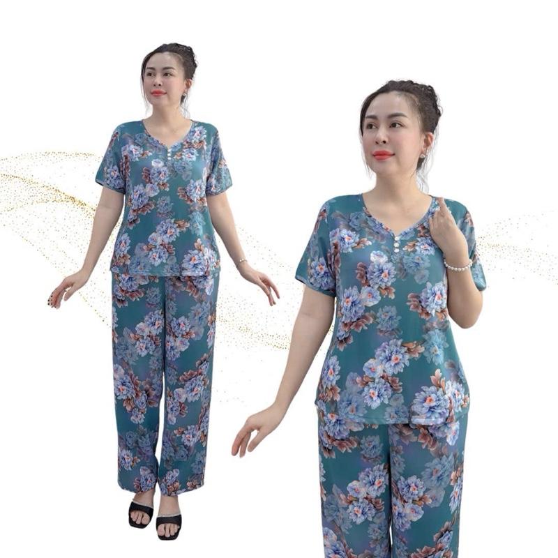 Y24 Đồ Bộ trung niên lụa Mango cao cấp quần dài chất mềm, không nhăn, thoáng mát, hoạ tiết thanh lịch sang trọng thoải mái , màu sắc tôn da, đính nút cao cấp Women Nữ 1