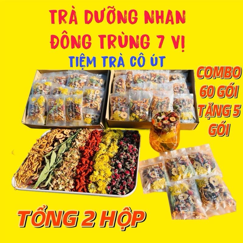 MUA 1 TẶNG 1 CÓ 2 HỘP COMBO 60 GÓI TẶNG 5 GÓI-TRÀ DƯỠNG NHAN ĐÔNG TRÙNG 7 VỊ-TIỆM TRÀ CÔ ÚT- TRÀ TEA chè giải nhiệt gồm đông trùng,kỷ tử,táo lát,nụ Hồng,nụ nhài,bông cúc,cỏ ngọt