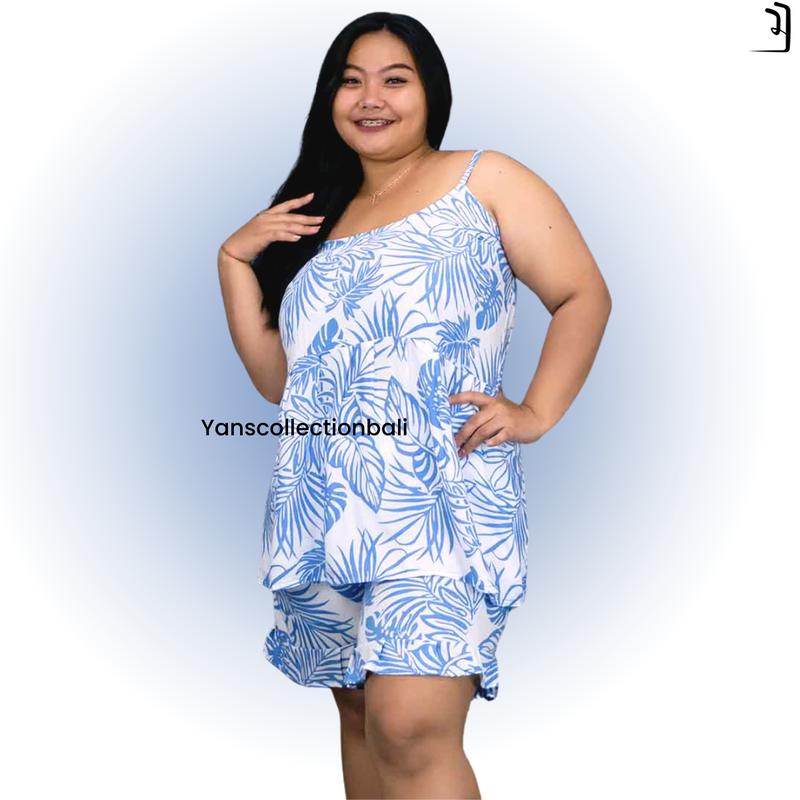 Setelan baju tidur pendek tanktop rayon Bali oneset Casual Celana Wanita 2