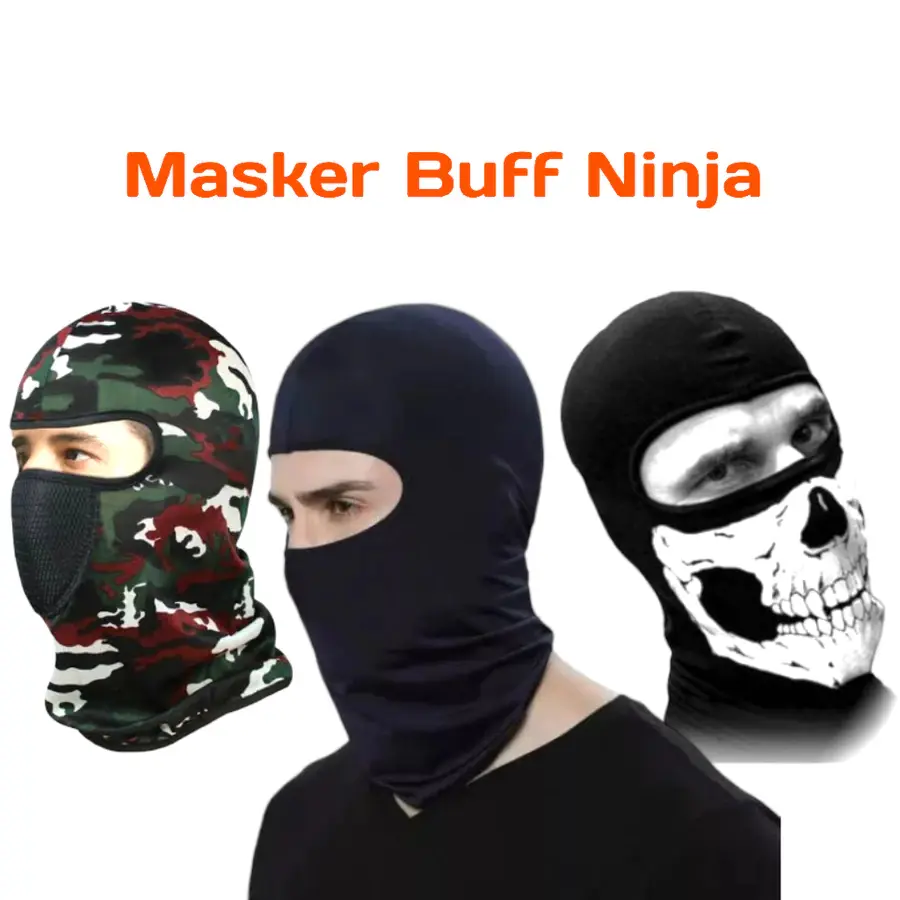 Masker Baf Ninja Full Face Balaclava, Masker Baf Motor Hitam, Loreng, Tengkorak