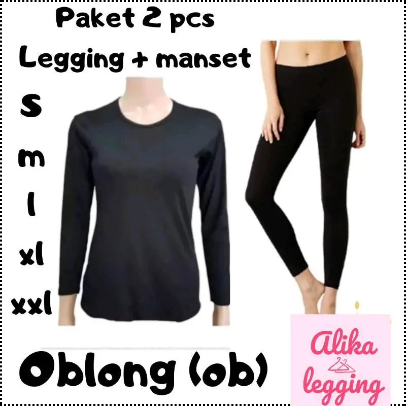 PAKET 2 PCS STELAN Manset Lengan Panjang Krah Oblong Kaos Manset Oblong / Legging panjang premium Spandex Setelan Baju Celana Simple Atasan Dewasa Basic Tebal Dalaman Nyaman Lembut