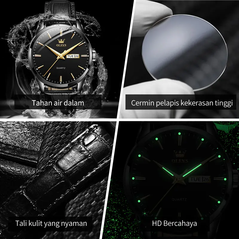 OLEVS Jam Tangan Pria Fashion Tali Kulit Original Anti Air Jam Tangan Cowok Simple Fashion Kuarsa Penunjuk Kalender Bercahaya Tahan Air Analog Men Watch Hitam Putih Biru Cod 8