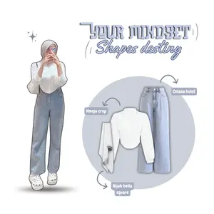 One Set Outfit Remaja Kekinian Setelan Kemeja Crop Top Celana Kulot Jeans Highwaist Hijab Bellasquare Fashion Wanita Casual B023