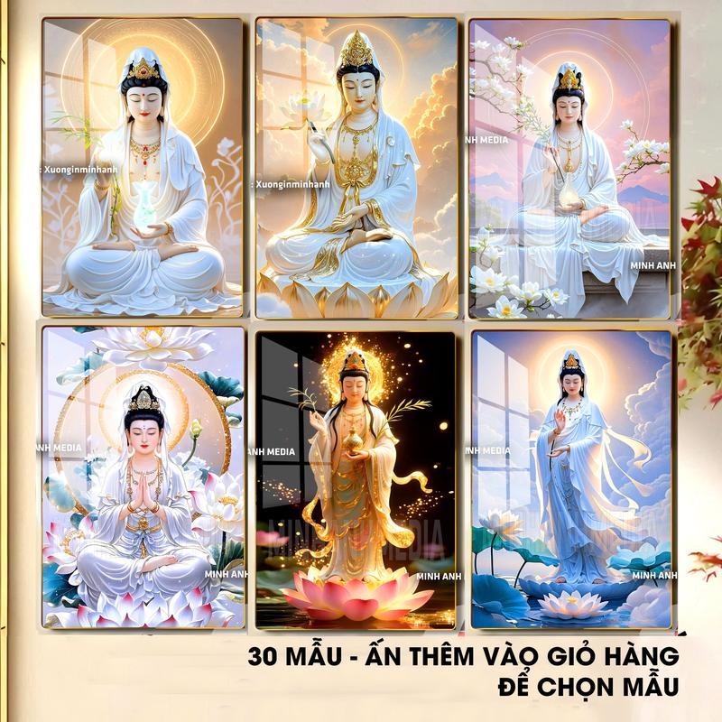 [QUAN ÂM BỒ TÁT] - Tranh gỗ tráng gương dày 13mm - Bo viền vàng cao cấp - Treo tường phòng thờ, mang lại may mắn bình an hạnh phúc Decor Phòng - MINHANH MEDIA