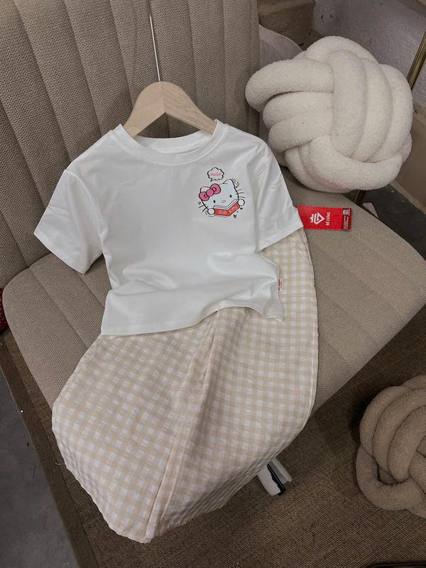 Set Áo Thun Trắng Kèm Quần Dài Caro Kem 65H Dành Cho Bé Gái