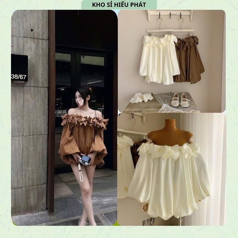 Hp Váy Áo Trễ Vai Bèo Tay Bồng Dáng Phồng Xoè 2 Màu Tôn Dáng Chất Liệu Nhiễn Mịn Màu Nâu Và Kem Size SM Phù Hợp 40 57kg Thiết Kế Nữ Tính Duyên Dáng
