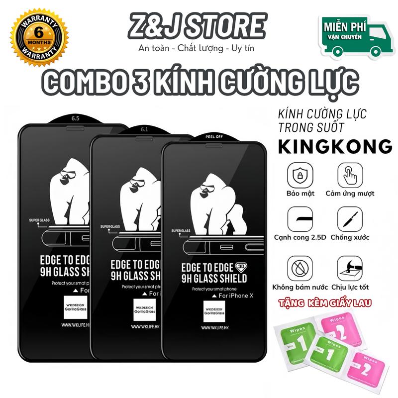 COMBO 3 KÍNH CƯỜNG LỰC Trong Suốt IP Full Màn KINGKONG 3D Dành Cho Ip 16 15 14 13 12 11 Pro Max XS X XR 8 7 6 Plus
