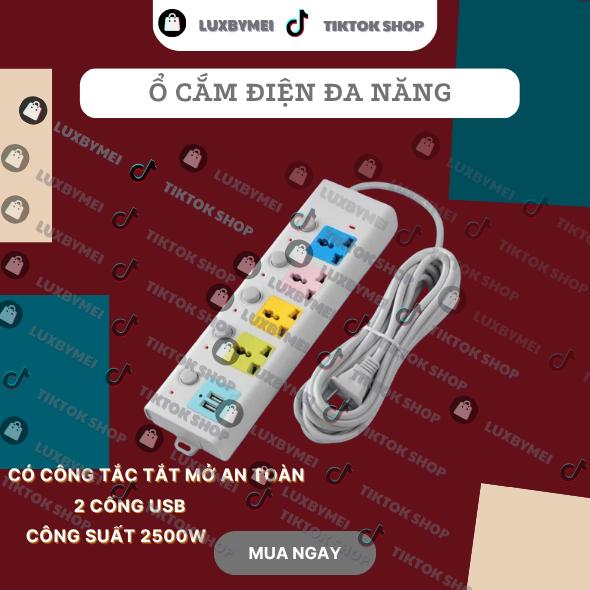 Ổ Cắm Điện Đa Năng Thông Minh, Ổ Cắm Điện USB Cao Cấp Chống Giật, Công Suất 2500W Dây Dài Có Chốt Từng Ổ An Toàn