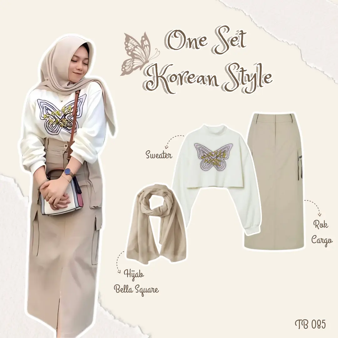 NEW Outfit Korean Style OneSet 3 In One (Sweater Crop Turtleneck, Rok Cargo, dan Hijab) TB 085