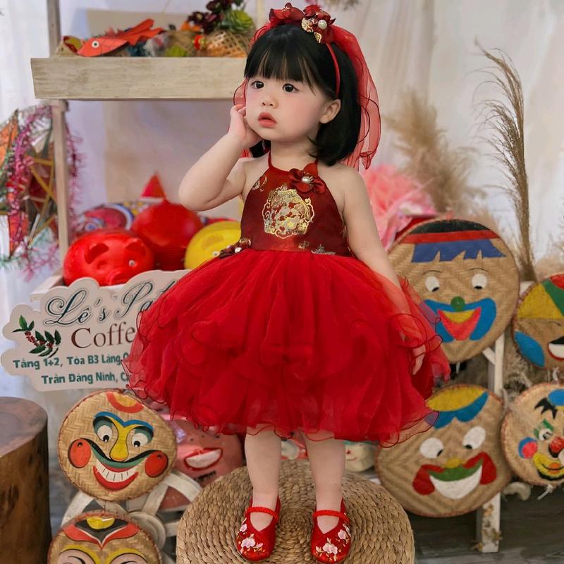  Váy Công Chúa Yếm Đỏ Chân Lưới Cước Kèm Mấn Hoặc Cài Cô Dâu 4-15 Kg,Váy Cho Bé Gái Đầy Tháng Sinh Nhật Lễ Hội 