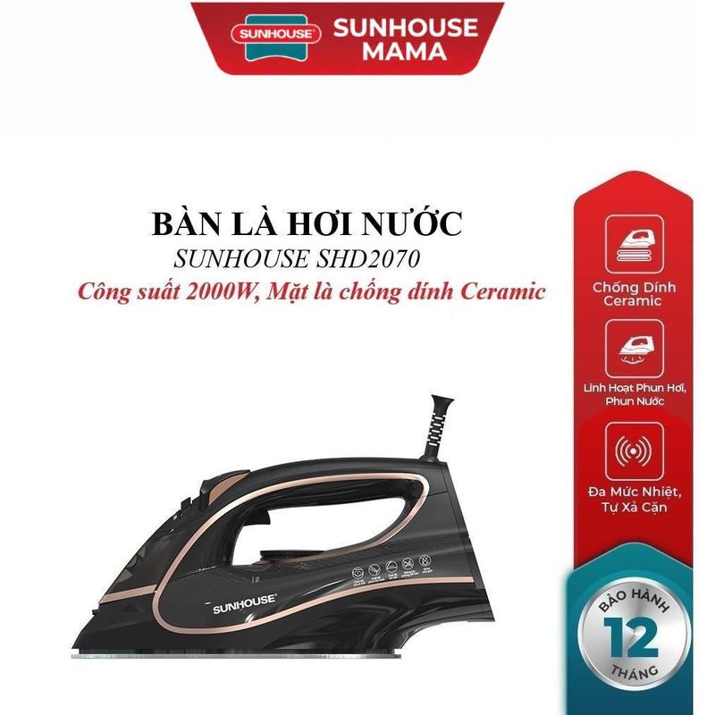 BÀN LÀ HƠI NƯỚC SUNHOUSE SHD2070, Mặt là chống dính Ceramic, công suất 2000W, 5 mức nhiệt linh hoạt, Tự động xả cặn