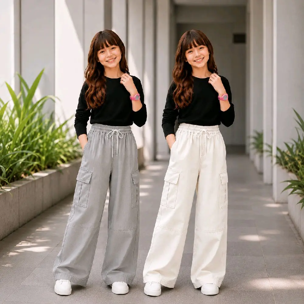 Sweaty - Celana Jeans Kulot Sehari Hari 5-12 Anak Perempuan Terbaru Saku Depan Bahan Denim Motif Pita Dan Bintang Baggy Straight Fashion Wide Leg Pinggang Elastis Bebas Setel Kekinian Dan Nyaman Di Pakai