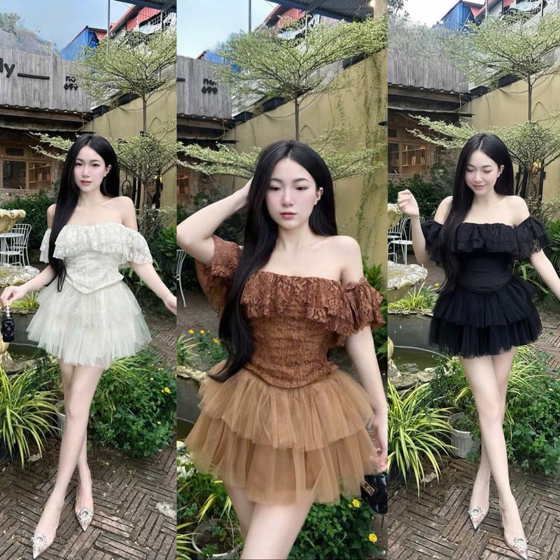  BIGSIZE HIẾU HIẾU  55-95KG  - Set thời trang nữ Áo ren cúp trễ vai bèo + Chân váy voan lưới ngắn S691 
