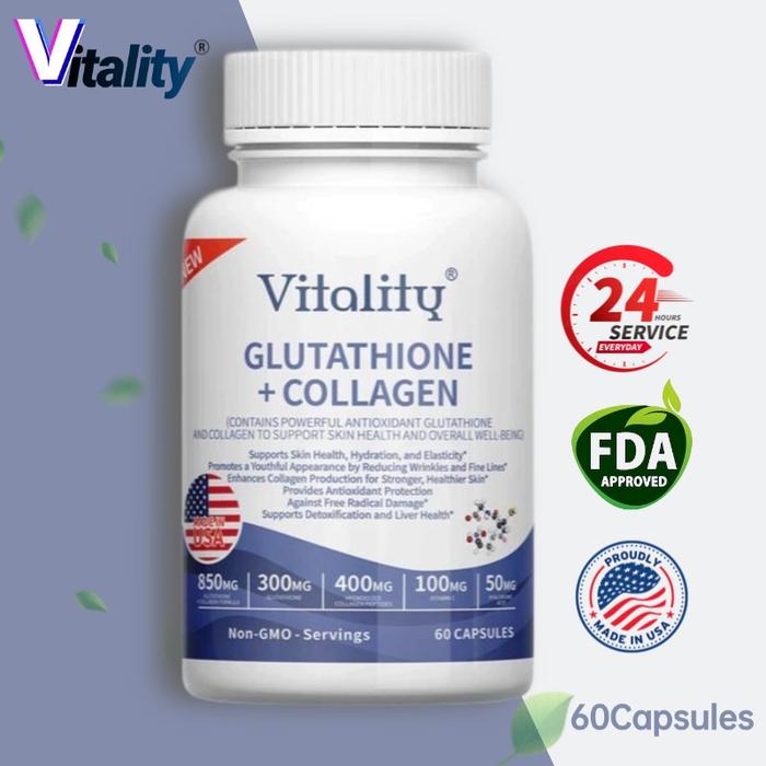 bahan untuk membuat glutathione Promo Vitality Suplemen + Kolagen mencerahkan warna kulit dan membuatnya tampak lebih muda. Aman dan efektif, cocok untuk semua Les dangers des compléments personalized Packaging:125 mL Amber Bottle