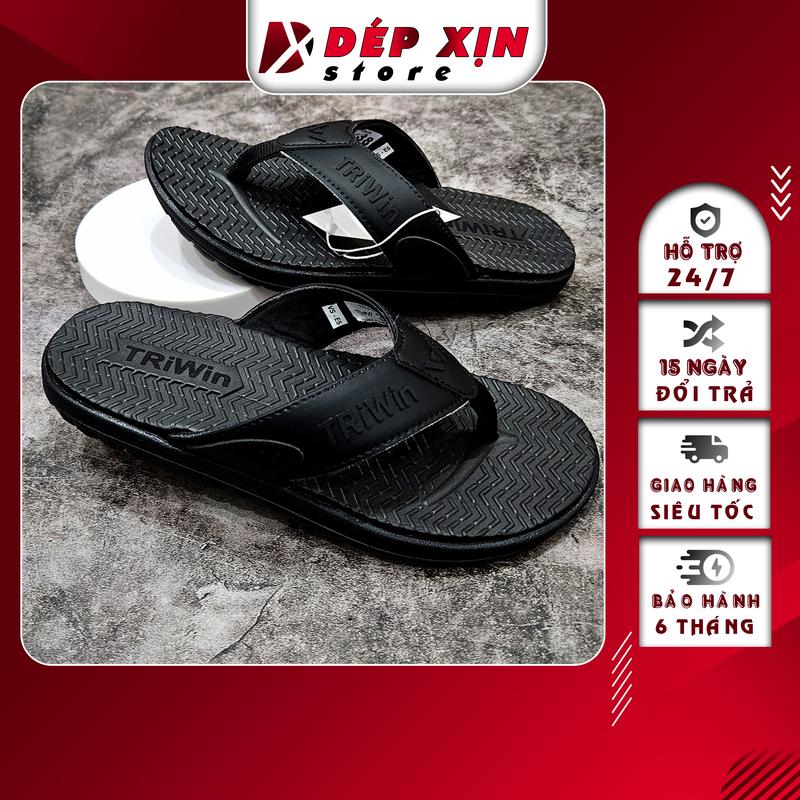 Dép Kẹp Nam Cao Cấp Triwin Quai Da Đế Cao Su Siêu Nhẹ Chống Trơn (Full Đen)