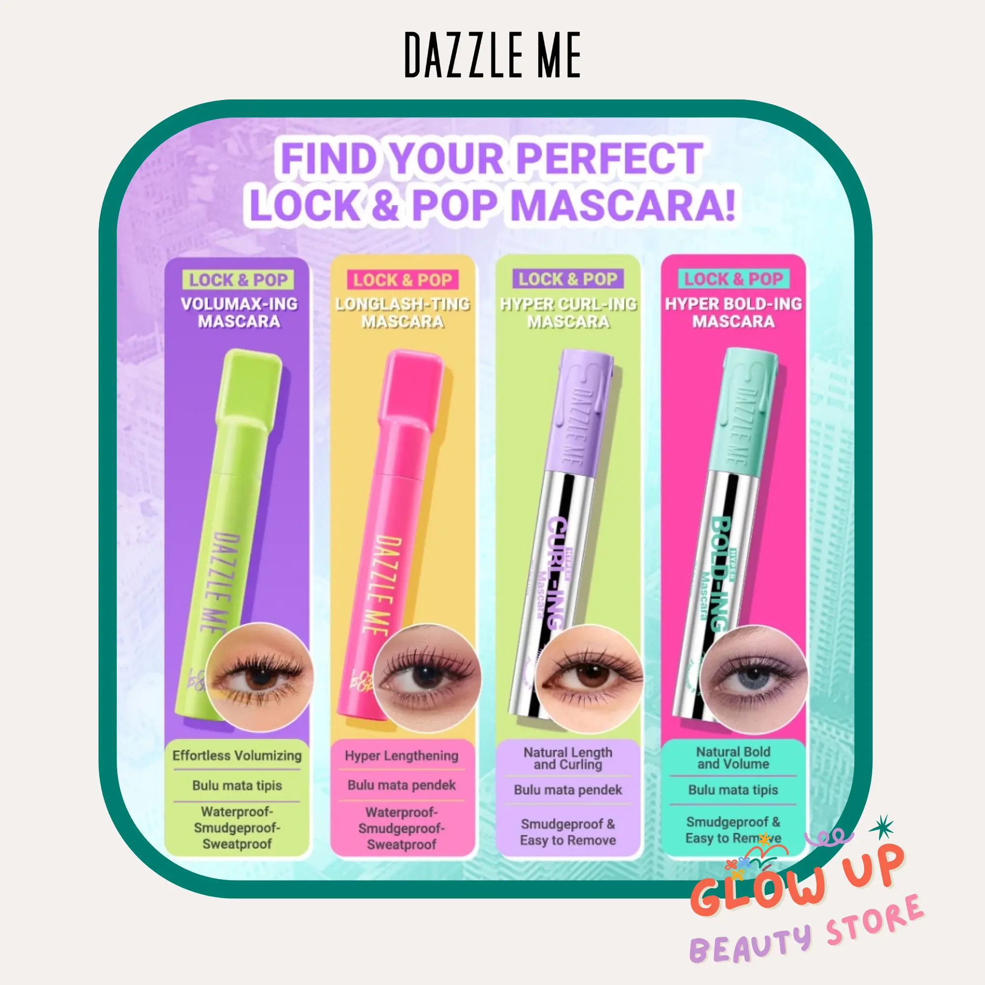 DAZZLE ME Lock & Pop! Duo Mascara Series VoluMAX-ing dan LongLASH-ting Lock & Pop! Hyper Mascara Series BOLD-ing and CURL-ing Maskara Smudgeproof Transferproof Waterproof