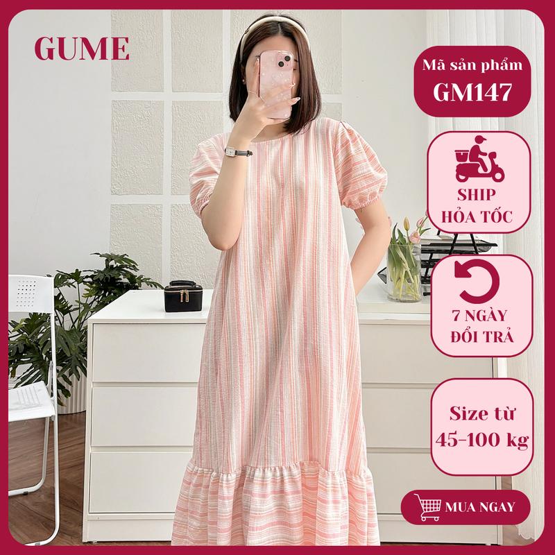Váy bầu bigsize - Đầm bầu thiết kế GuMe Váy thô kẻ sọc hồng đuôi cá maxi GM147